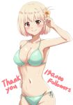  1girl armpits bangs bikini blonde_hair blush breasts cleavage closed_mouth collarbone dars_(recolors) english_text flower hair_flower hair_ornament hand_in_own_hair hand_on_hip highres looking_at_viewer lycoris_recoil milestone_celebration navel nishikigi_chisato red_eyes short_hair smile solo swimsuit 