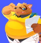  2022 anthro belly big_belly black_nose blue_background bottomwear brown_body canid canine clothing gokrakstyle hi_res kemono male mammal overweight overweight_male pants raccoon_dog sengoku_puzzle shadow_ieyasu simple_background solo tanuki video_games 