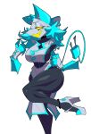  anthro blue_hair blue_tail bodily_fluids bottomwear claws clothed clothing curvy_figure darkner deltarune dress felid female footwear hair hi_res high_heels machine mammal muscular_thighs no_pupils raised_leg robot smile solo standing sweat tasque_manager thick_thighs undertale_(series) xexeezy yellow_eyes 