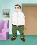  1boy absurdres afiliun animification belt brown_footwear buttons closed_mouth collared_shirt couch door double_chin family_guy fat glasses green_pants hands_in_pockets highres pants peter_griffin shirt shirt_tucked_in standing white_shirt 