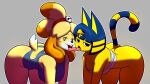  all_fours animal_crossing ankha_(animal_crossing) anthro bell big_breasts big_butt blue_clothing blue_hair bodysuit breasts butt canid canine canis chest_wraps clothed clothing digital_media_(artwork) domestic_cat domestic_dog duo egyptian felid feline felis female french_kissing front_view golde grey_background hair hair_bell hi_res isabelle_(animal_crossing) kissing looking_at_viewer mammal nintendo raised_tail shih_tzu simple_background skinsuit swimwear tight_clothing tongue toy_dog wraps 
