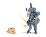  ! box cardboard_box energy_sword fire glowing green_ribbon highres holding holding_sword holding_weapon mecha metal_gear_(robot) metal_gear_(series) metal_gear_sahelanthropus metal_gear_solid_v:_the_phantom_pain nijisanji nijisanji_en no_humans pomu_rainpuff ribbon robot science_fiction shadow simple_background standing sword virtual_youtuber voldox weapon white_background 