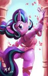 2019 5_fingers anthro biped blue_eyes breasts butt cherry_blossom clothed clothing dated digital_media_(artwork) equid equine female fingers friendship_is_magic hasbro hi_res horn kikisnowpaw leotard looking_at_viewer looking_back looking_back_at_viewer mammal my_little_pony on_one_leg plant rear_view ribbons shaded solo standing starlight_glimmer_(mlp) unicorn 
