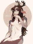  anthro antlers black_nose brown_eyes brown_hair deer eyewear fur glasses hair hi_res horn ivar_(deexcoffee) long_hair male mammal mmorroxzks pinup pose simple_background sitting solo white_body white_fur 