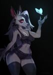 2022 anthro arthropod breasts butterfly canid canid_demon cleavage clothed clothing demon female grey_hair hair hellhound helluva_boss hi_res insect johnfoxart lepidopteran loona_(helluva_boss) mammal midriff navel simple_background solo 