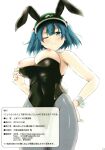  1girl animal_ears arm_at_side armpits bangs bare_arms bare_shoulders black_corset blue_eyes blue_hair blunt_bangs blush breasts choker clothes_pull corset corset_pull from_below furrowed_brow green_headwear grey_pantyhose hat highres kagiyama_shachou kawashiro_nitori large_breasts looking_at_viewer nipples one_eye_closed pantyhose peaked_cap playboy_bunny rabbit_ears rabbit_tail short_hair sidelocks simple_background skindentation smile solo tail touhou translation_request two_side_up white_background white_choker white_wrist_cuffs 