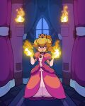  absurdres angry blonde_hair crown dress earrings gloves highres jewelry lipstick looking_at_viewer makeup mario_(series) matt_froese pink_dress pink_lips princess_peach solo white_gloves 