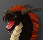  black_body black_scales brown_body brown_scales digital_media_(artwork) dragon feral horn looking_at_viewer male mane mordorinka mouth_shot open_mouth portrait pupils red_eyes red_mane scales scalie simple_background slit_pupils solo spikes teeth 