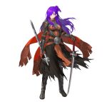  1girl armor armored_boots bangs belt boots breastplate breasts cape closed_mouth commentary_request fire_emblem fire_emblem:_three_houses fire_emblem_heroes fire_emblem_warriors:_three_hopes full_body gauntlets hair_over_one_eye highres holding holding_weapon long_hair looking_at_viewer medium_breasts multiple_belts noy official_art pelvic_curtain purple_eyes purple_hair reverse_grip shez_(fire_emblem) shez_(fire_emblem)_(female) shiny shiny_hair simple_background smile solo standing sword weapon white_background 
