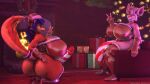  3d_(artwork) anthro big_breasts big_butt big_penis breasts butt canid canine carmelita_fox christmas christmas_clothing clothing digital_media_(artwork) duo fox fur genitals gesture glowing glowing_eyes gynomorph hi_res holidays huge_breasts huge_butt huge_penis huge_thighs intersex intersex/intersex kneeling mammal officer_flint_(foretbwat) ok_bruh penis sly_cooper_(series) sony_corporation sony_interactive_entertainment source_filmmaker sucker_punch_productions thick_thighs v_sign warfare_machine 