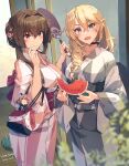  3girls bite_mark blonde_hair blue_eyes breasts brown_hair cherry_blossoms choker closed_mouth duplicate fairy_(kancolle) flower food fruit grey_kimono hair_bun hair_flower hair_ornament hair_over_shoulder hand_fan highres himeyamato holding holding_fan iowa_(kancolle) japanese_clothes kantai_collection kimono large_breasts long_hair minigirl multiple_girls obi open_mouth paper_fan pink_kimono pixel-perfect_duplicate sash size_difference smile standing star-shaped_pupils star_(symbol) symbol-shaped_pupils uchiwa watermelon watermelon_slice yamato_(kancolle) yukata 