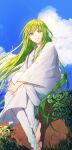  1other absurdres androgynous artist_name bangs barefoot blue_sky cloud commentary_request day ede enkidu_(fate) eyelashes fate/grand_order fate_(series) feet floating_hair grass green_eyes green_hair grin highres knee_up leaf long_hair long_sleeves looking_at_viewer no_shoes on_wall other_focus outdoors pants parted_lips plant robe sidelocks sitting sitting_on_wall sky smile solo stone_wall teeth toes twitter_username very_long_hair vines wall white_pants white_robe wide_sleeves wind 