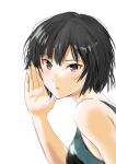  1girl amagami bangs black_hair black_one-piece_swimsuit blue_one-piece_swimsuit brown_eyes close-up competition_swimsuit from_side hair_between_eyes hand_to_own_face hand_up light_blush looking_at_viewer looking_to_the_side murasaki_iro nanasaki_ai one-piece_swimsuit open_mouth portrait short_hair simple_background solo swimsuit whispering white_background 