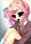  1girl :&lt; artist_name bangs blazer blush brown_sweater_vest chromatic_aberration commentary doki_doki_literature_club dress_shirt film_grain glitch gradient gradient_background grey_jacket hair_ornament hair_ribbon horror_(theme) hugging_own_legs jacket knees_up light_frown looking_at_viewer natsuki_(doki_doki_literature_club) neck_ribbon no_eyes no_mouth on_ground pink_hair red_ribbon ribbon school_uniform shirt signature sitting socks solo spoilers sunabasan sweatdrop sweater_vest swept_bangs tsundere two_side_up v-shaped_eyebrows white_background white_shirt white_socks x_hair_ornament 