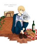  1boy absurdres alice_zuberg basket blue_eyes bottle bread brown_footwear eugeo flower food hair_between_eyes happy_birthday highres kirito male_focus pants plant shoelaces shoes short_sleeves simple_background smile sword_art_online sword_art_online:_alicization user_fnps2724 vines 