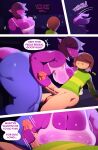  2022 anthro areola balls big_breasts bottomless bottomless_male bottomwear breasts clothed clothing comic deltarune dialogue duo english_text female genitals hand_on_penis hi_res human kris_(deltarune) lizard male male/female mammal nipples pants penis purple_body reptile scalie susie_(deltarune) svarzye teeth text topwear undertale_(series) undressing vein veiny_penis wet wet_clothing 