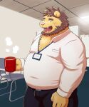  2022 anthro belly big_belly bottomwear clothing cute_fangs felid hi_res humanoid_hands kemono kick_(artist) lion male mammal mug overweight overweight_male pantherine pants shirt solo topwear 