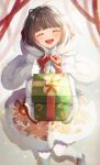  1girl bell black_hair blush box capelet commentary facing_viewer gift gift_box gloves holding holding_gift kantai_collection mittens official_alternate_costume open_mouth ranran_3939 short_hair_with_long_locks sidelocks smile solo ukuru_(kancolle) white_capelet white_gloves white_mittens 