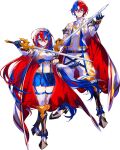  1boy 1girl alear_(fire_emblem) alear_(fire_emblem)_(female) alear_(fire_emblem)_(male) blue_eyes blue_hair cape fire_emblem fire_emblem_engage heterochromia highres holding holding_sword holding_weapon long_hair medium_hair mika_pikazo multicolored_hair official_art red_eyes red_hair sword tachi-e transparent_background weapon 