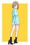  1girl aqua_shirt aqua_shorts ass bangs black_footwear boots border commentary full_body high_heel_boots high_heels highres kousuke0912 legs light_blush light_brown_hair long_sleeves looking_back love_live! love_live!_nijigasaki_high_school_idol_club nakasu_kasumi pink_eyes shirt short_hair short_shorts shorts smile solo standing thighs v-shaped_eyebrows white_border yellow_background 