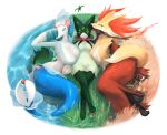  3girls acrylictoon breasts covered_nipples delphox fins fire furry furry_female grass green_fur highres large_breasts meowscarada multiple_girls poke_ball poke_ball_(basic) pokemon pokemon_(creature) primarina smile stick tail tail_fin take_your_pick water yellow_fur 