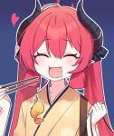  1girl blue_archive blue_background chopsticks closed_eyes food hair_between_eyes heart holding holding_chopsticks horns japanese_clothes junko_(blue_archive) junko_(new_year)_(blue_archive) kimono long_hair mimit_4 open_mouth outline pointy_ears red_hair shrimp shrimp_tempura simple_background smile solo tempura twintails upper_body white_outline yellow_kimono 