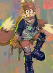  2_tails anthro bayboyzone boots brown_body canid canine clothing ear_piercing footwear fox gloves handwear hi_res jewelry legband male mammal miles_prower multi_tail necklace pattern_background piercing sega simple_background sitting smile solo sonic_the_hedgehog_(series) spiked_legband spikes 