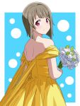  1girl bangs bare_back bare_shoulders blue_background bob_cut border bouquet commentary dot_nose dotted_background dress flower highres holding holding_bouquet inverted_bob kousuke0912 light_blush light_brown_hair looking_back love_live! love_live!_nijigasaki_high_school_idol_club nakasu_kasumi pink_eyes scapular short_hair smile solo strapless strapless_dress upper_body white_border white_flower yellow_dress 