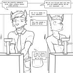  anthro black_and_white blush bottomwear clothed clothed/nude clothed_male_nude_male clothing collared_shirt comic dialogue duo embarrassed english_text fully_clothed fuze hi_res lanyard looking_away male mammal monochrome necktie nude pants text urinal 