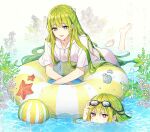  2others adjusting_eyewear androgynous artist_name ball bangs barefoot beachball blush caustics clam_shell collarbone commentary drawstring ede enkidu_(fate) eyelashes fate/grand_order fate_(series) feet flower goggles goggles_on_head green_eyes green_hair hand_up highres in_water innertube kingu_(fate) long_hair looking_at_another looking_down multiple_others open_mouth other_focus partially_submerged plant purple_eyes seashell shell shirt short_sleeves sidelocks smile soles starfish striped striped_innertube toes twitter_username v-shaped_eyebrows very_long_hair water water_drop wet wet_hair white_background white_shirt 