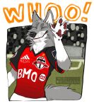  adidas andre_wolf anthro bank_of_montreal black_nose bottomwear canid canine canis celebration clothed clothing detailed_background digital_media_(artwork) english_text eyes_closed football_player fur goal grass grey_body grey_fur hi_res jersey major_league_soccer male mammal neck_tuft plant shirt smile soccer solo spookyyote sport stadium text text_on_clothing topwear toronto_fc tuft uniform whiskers white_body white_fur wolf 