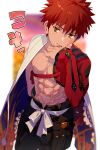  1boy abs bangs black_pants blush cape commentary_request echo_(circa) emiya_shirou fate/grand_order fate_(series) fingernails hand_on_own_face igote japanese_clothes looking_at_viewer male_focus muscular muscular_male pants pointy_hair red_hair senji_muramasa_(fate) short_hair solo stomach topless_male twitter_username white_cape yellow_eyes 