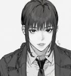  1girl bangs black_necktie braid braided_ponytail chainsaw_man collared_shirt grey_hair grey_jacket greyscale jacket looking_at_viewer makima_(chainsaw_man) medium_hair monochrome necktie ringed_eyes sankomichi shirt sidelocks simple_background solo white_background white_shirt 