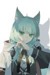  1girl animal_ear_fluff animal_ears arknights bangs cat_ears cat_girl commentary green_eyes green_hair harmonie_(arknights) highres long_hair long_sleeves looking_at_viewer off_shoulder pe902 shadow smile solo twitter_username 