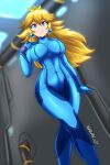  1girl absurdres artist_name bangs blonde_hair blue_bodysuit blue_eyes blurry blurry_background bodysuit breasts closed_mouth commentary cosplay covered_collarbone covered_navel crown danmakuman earrings hand_up highres indoors jewelry large_breasts lips long_hair long_sleeves mario_(series) metroid mini_crown princess_peach samus_aran samus_aran_(cosplay) shiny shiny_clothes signature simple_background skin_tight smile turtleneck zero_suit 