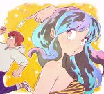  1boy 1girl bikini breasts brown_hair fleeing green_hair heart highres hood hoodie horns lightning_bolt_symbol long_hair lum mapril moroboshi_ataru multicolored_hair oni_horns pointy_ears pouty_lips short_hair star_(symbol) striped striped_bikini swimsuit twitter_username urusei_yatsura white_hoodie yellow_background 