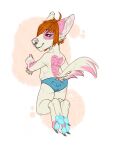  2017 anthro blue_clothing blue_panties blue_pawpads blue_underwear butt canid chibi claws clothed clothing dated ear_piercing eyelashes female full-length_portrait fur gear glistening glistening_eyes green_eyes grey_claws grey_nose hair hi_res kneeling mammal narrowed_eyes orange_hair panties pawpads piercing pink_body pink_fur portrait riorix signature simple_background smile solo topless underwear white_body white_fur 
