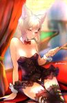 1girl alternate_costume animal_ears bangs bare_shoulders black_leotard black_thighhighs blurry blurry_background blush bow bowtie breasts chromatic_aberration cleavage commission curtains detached_collar golden_knight_(granblue_fantasy) granblue_fantasy grey_hair hair_ornament hand_up highres leotard looking_at_viewer nattsun_(018) parted_lips short_hair sitting skeb_commission small_breasts solo sparkle thighhighs twitter_username wrist_cuffs yellow_eyes 
