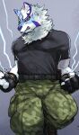  angry anthro beau_555 canid canine clenched_teeth clothing electricity facial_markings fingerless_gloves fur gloves handwear head_markings hi_res lifewonders live-a-hero male mammal markings muscular muscular_anthro muscular_male sadayoshi shirt solo t-shirt teeth topwear white_body white_fur 