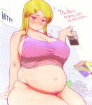  1girl absurdres arm_support big_belly blonde_hair blush breasts candy candy_wrapper chocolate chocolate_bar cleavage collarbone covered_nipples english_commentary english_text fat feet_out_of_frame food hair_ornament hair_over_shoulder hairclip highres holding holding_food jitome large_breasts long_hair looking_at_viewer navel nekusasu original parted_lips sitting solo sweat taut_clothes thick_thighs thighs white_background 