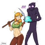  1girl abs alex_(minecraft) breasts choker cleavage crop_top diamond_(gemstone) enderman gloves green_eyes height_difference highres long_hair minecraft muscular muscular_female open_mouth orange_hair pickaxe shardanic sound_effects toned white_background 