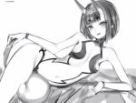  1girl bob_cut breasts fate/grand_order fate_(series) greyscale hair_ornament highres horns monochrome nanashi_(nlo) navel oni_horns open_mouth pointy_ears revealing_clothes shuten_douji_(fate) sitting skin-covered_horns small_breasts smile solo translated wristband yokozuwari 