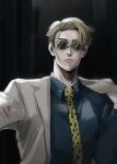  1boy animal_print arisha blonde_hair blue_shirt collared_shirt formal goggles grey_jacket grey_suit highres jacket jujutsu_kaisen leopard_print lips long_sleeves looking_at_viewer male_focus nanami_kento necktie shirt short_hair solo suit upper_body 