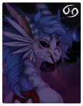  ambiguous_gender anthro big_pupils blue_ears blue_hair blue_stripes bust_portrait cancer_(symbol) cosmic_background ear_piercing ear_ring facial_markings feathers fur glistening glistening_eyes hair head_markings hi_res markings mouth_closed nebula no_sclera nude piercing portrait pupils rear_view red_eyes ring_piercing riorix signature solo space space_background species_request star striped_ears striped_neck stripes white_body white_ears white_feathers white_fur 