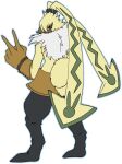  anthro bandai_namco belt bottomwear clothing digimon digimon_(species) digimon_ghost_game fluffy_chest fur gesture gloves handwear hi_res lagomorph leporid long_ears male mammal pants ponytail_ears rabbit rear_view shirtless simple_background symbareangoramon v_sign white_background wsdigi yellow_body yellow_fur 