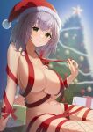  1girl absurdres arm_support bangs bow box braid breasts christmas christmas_present christmas_tree cleavage closed_mouth commentary_request cowboy_shot crossed_bangs fishnet_thighhighs fishnets fur-trimmed_headwear gift gift_box green_eyes grey_hair groin hand_up hat highres holding hololive large_breasts looking_at_viewer medium_hair mimihachi naked_ribbon navel on_floor red_bow red_headwear red_ribbon ribbon santa_hat shirogane_noel sidelocks sitting smile solo star_(symbol) stomach thighhighs thighs tile_floor tiles virtual_youtuber 