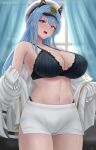  1girl archstreal bangs bare_shoulders black_bra black_panties blue_eyes blue_hair blush bra breasts cleavage collarbone curtains gloves goddess_of_victory:_nikke hat helm_(nikke) highres jacket large_breasts light_blue_hair long_hair long_sleeves looking_at_viewer navel off_shoulder open_clothes open_jacket open_mouth panties panty_peek peaked_cap short_shorts shorts solo sweat thighs underwear white_gloves white_headwear white_jacket white_shorts window 