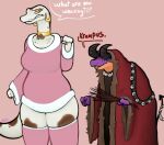  2022 anthro clothed clothing duo english_text fangs female fingers hi_res holding_object horn keeshee legwear ncs open_mouth python reptile scalie snake spade_tail standing teeth text vranda 