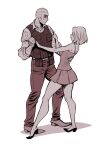  1boy 1girl bandaged_hand bandaged_head bandages bangs belt black_vest blonde_hair breasts collared_shirt courier_(fallout_new_vegas) dancing dress fallout_(series) fallout_new_vegas hand_on_another&#039;s_arm hand_on_another&#039;s_back high_heels holding_hands joshua_graham police police_uniform scar scar_on_face shirt simple_background uniform vest white_background yukiyanagi 