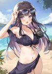  1girl :d beach bikini black_bikini black_hair blue_sky blush colored_inner_hair day eyewear_lift highres kanda_done long_hair multicolored_hair navel original outdoors purple_eyes sarong sky smile solo standing stomach sunglasses swimsuit tagme 